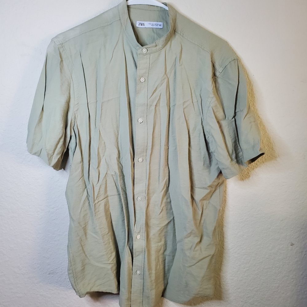 Zara Mens Tan‎ Beige Button Front Dress Casual Short Sleeve Shirt Small Resort